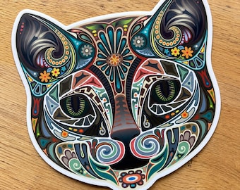 Ornate Cat Face Vinyl Decal | Artistic Decorative Sticker (Weatherproof)