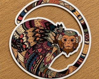 Tribal Monkey Vinyl Sticker: Waterproof Boho Animal Art Decal