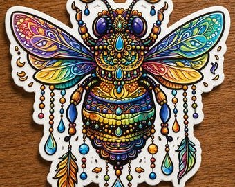 Psychedelic Bee Sticker, Boho Insect Decal, Nature Art Vinyl Laptop Water Bottle Car Window
