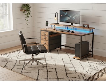 47" Rustic Brown Gaming Desk with Power Outlets, LED Lights, Monitor Stand, Drawers