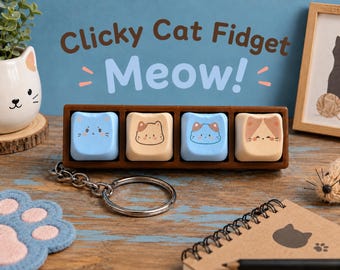 Clicky Cat Fidget Keychain | Brown Blue Cat Ear Design, Stress Relief Toy