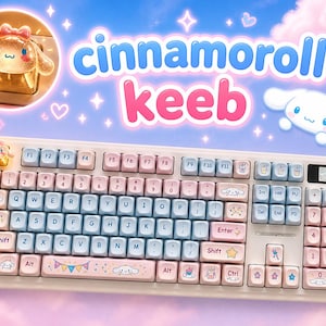 May include: A pastel-colored keyboard with a Cinnamoroll theme. The keyboard features light blue and pink keycaps with Cinnamoroll character designs and the text "cinnamoroll keeb". A matching Cinnamoroll lamp is also shown.