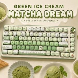 May include: A mechanical keyboard with a green and white color scheme, featuring rounded keycaps with matcha-themed icons and the text "GREEN ICE CREAM MATCHA DREAM A SWEET TYPING EXPERIENCE" displayed above the device in a bold font.