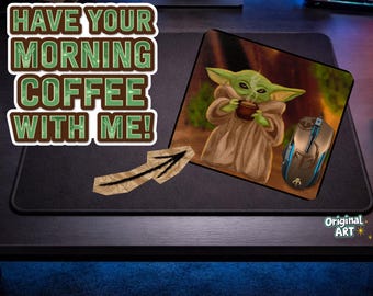 Grogu Inspired Mouse Pad Hand Drawn Desk Mat, The Child Coffee Scene