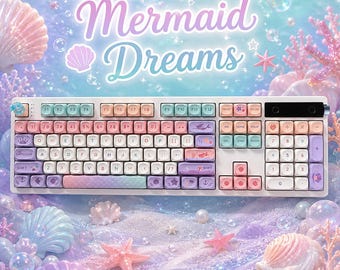 Mermaid Dreams Full Size Keyboard, Pastel Ocean Desk Setup, Custom Artisan Keycap