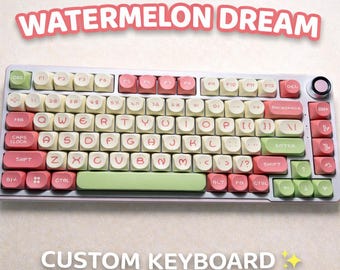 Watermelon Dream Custom Keyboard | Pink Green MOA Keycaps, Clicky Typing, Pastel Desk Setup