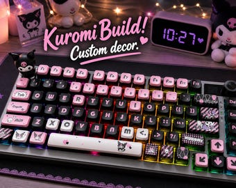 Sanrio Kuromi Custom Mechanical Keyboard – 75% Layout with Screen & Knob, Pink Black Aesthetic, Pre-Lubed Switches