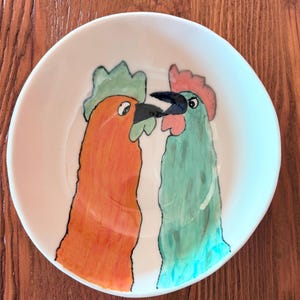 Whimsical "Kissing Roosters" Serving Bowl, Handmade Polka Dot Ceramic Bowl, Fun Artisan Serving Dish | Colorful Folk Art Kitchen Decor