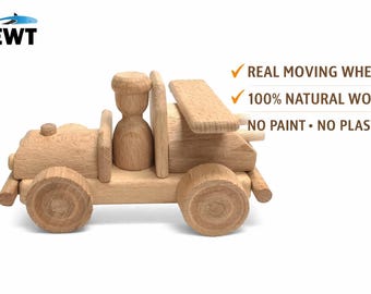 Eco Montessori Wooden Car Toy with Driver – Natural Solid Wood Pretend Play | No Paint