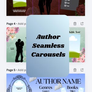 May include: A digital interface display featuring the text Author Seamless Carousels in the center. The background shows multiple page layouts with silhouettes of couples, floral arrangements, book cover templates, and lists with checkboxes on various colored backgrounds.