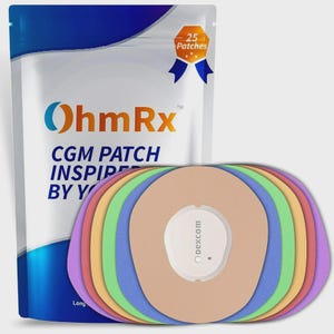 Könnte beinhalten: Eine Packung OhmRx CGM-Pflaster mit dem Text "CGM PATCH INSPIRED BY Y". Die Verpackung hat ein blau-weißes Design mit einem Band und dem Text "25 Patches". Mehrere farbige Pflaster werden gezeigt, jedes mit einem weißen Dexcom-Sensor.