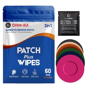 Op de afbeelding: Een blauw pakket Ohm-RX zelfklevende sensorpleisters met de tekst "PATCH Plus WIPES". Bevat een zwart doekjespakket en een stapel gekleurde ronde pleisters. Het pakket vermeldt "60 PCS Rx-Grade".