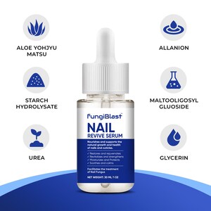 May include: A clear glass bottle of FungiBlast Nail Revive Serum with a white dropper. The label includes the product name, a list of benefits, and the net weight of 1 fl oz. The bottle is surrounded by illustrations of ingredients.