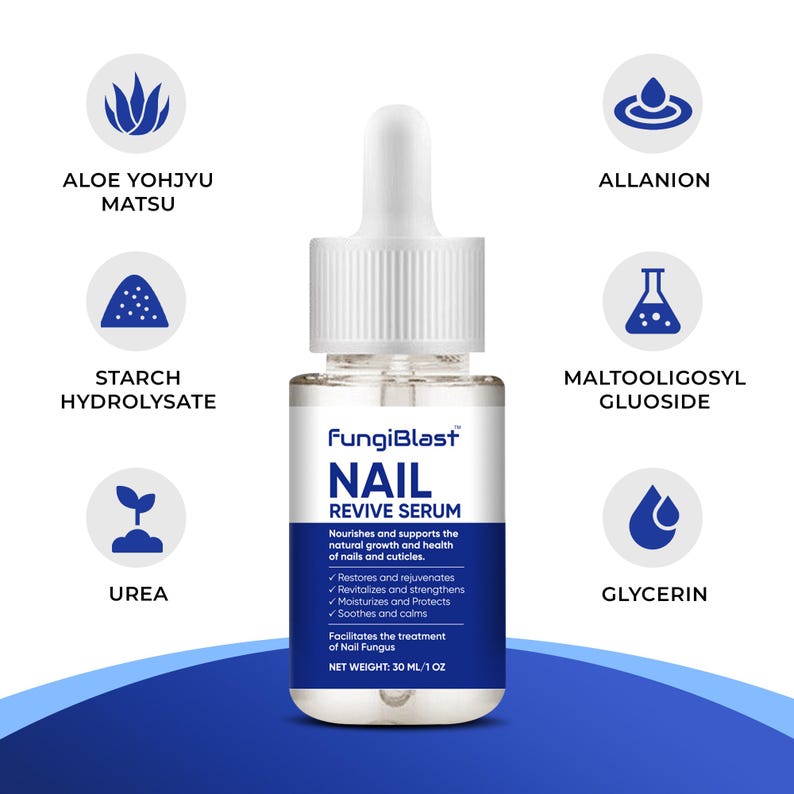 May include: A clear glass bottle of FungiBlast Nail Revive Serum with a white dropper. The label includes the product name, a list of benefits, and the net weight of 1 fl oz. The bottle is surrounded by illustrations of ingredients.