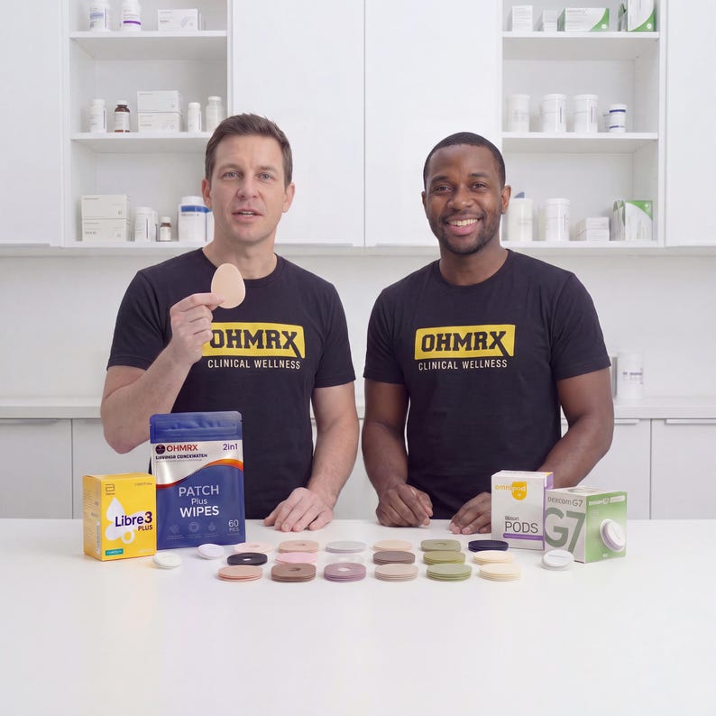 Puede incluir: Dos personas con camisetas negras con el logotipo amarillo de OHMRX Clinical Wellness. Sobre la mesa hay varios parches adhesivos en tonos neutros, una caja de Libre 3 Plus, una bolsa azul de OHMRX Patch Plus Wipes y envases de Dexcom G7.
