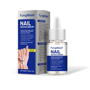May include: A bottle of FungiBlast Nail Revive Serum with a dropper, next to a product box. The box and bottle have a blue and white design. The product is for nourishing and supporting the natural growth of nails and cuticles. The net weight is 1 fl oz.