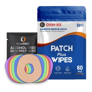 Könnte beinhalten: Eine Produktverpackung mit einem blauen Beutel mit der Aufschrift "OHM-RX" und "PATCH Plus WIPES", einem schwarzen Päckchen mit der Aufschrift "OhmPREP ALCOHOL-FREE SKIN PREP WIPE" und einer Reihe farbiger, kreisförmiger Klebepflaster.