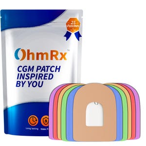 Może przedstawiać: Białe opakowanie plastrów OhmRx CGM z napisem "CGM PATCH INSPIRED BY YOU". Opakowanie ma niebieskie akcenty i niebieską wstążkę z napisem "25 Plastry". Stos kolorowych plastrów znajduje się przed opakowaniem.
