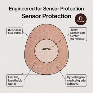 Puede incluir: Un parche adhesivo beige de forma ovalada que mide 80x70mm con un centro de 40mm sin adhesivo para sensores. El texto dice Engineered for Sensor Protection, Sensor Protection, OhmRX, 80x70mm Oval Patch, 40mm Sensor-Safe Center, Flexible, breathable fabric y Hypoallergenic medical-grade adhesive.