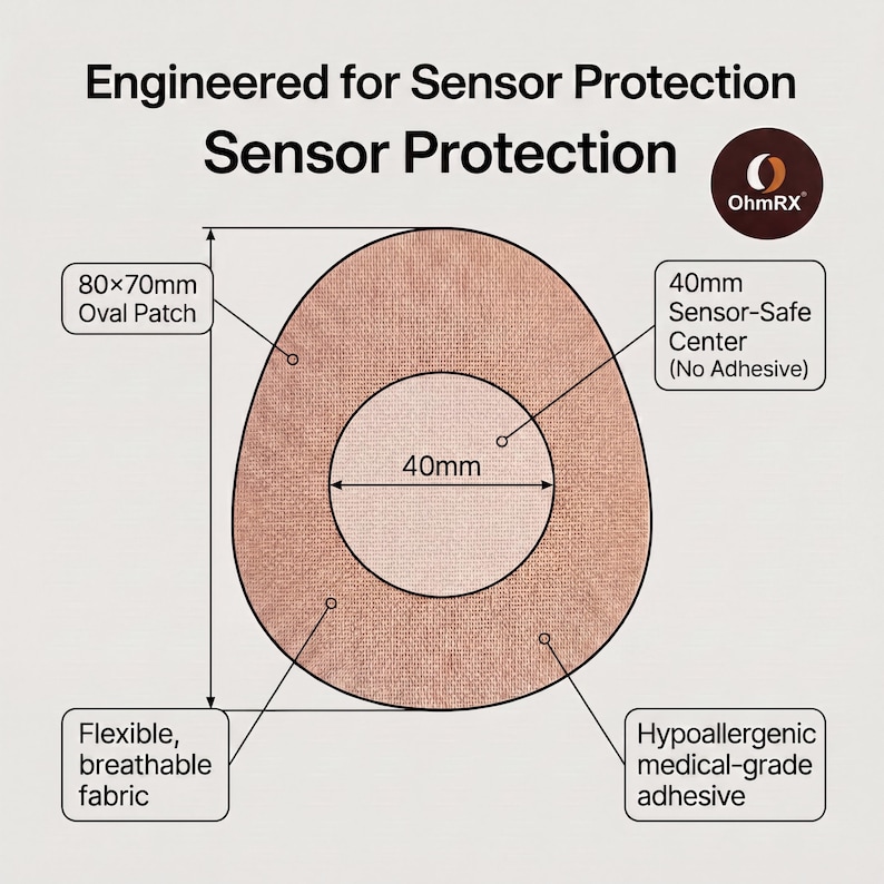 Puede incluir: Un parche adhesivo beige de forma ovalada que mide 80x70mm con un centro de 40mm sin adhesivo para sensores. El texto dice Engineered for Sensor Protection, Sensor Protection, OhmRX, 80x70mm Oval Patch, 40mm Sensor-Safe Center, Flexible, breathable fabric y Hypoallergenic medical-grade adhesive.