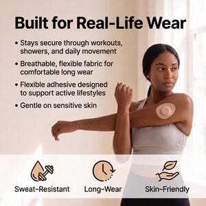 Puede incluir: Un parche adhesivo circular de color beige aplicado en la parte superior del brazo. El texto dice Built for Real-Life Wear, Stays secure through workouts, showers, and daily movement, Breathable, flexible fabric, Flexible adhesive, Gentle on sensitive skin.