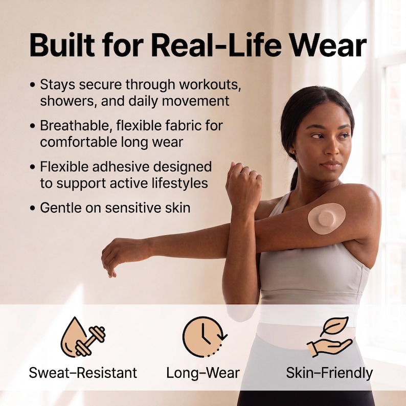 Puede incluir: Un parche adhesivo circular de color beige aplicado en la parte superior del brazo. El texto dice Built for Real-Life Wear, Stays secure through workouts, showers, and daily movement, Breathable, flexible fabric, Flexible adhesive, Gentle on sensitive skin.
