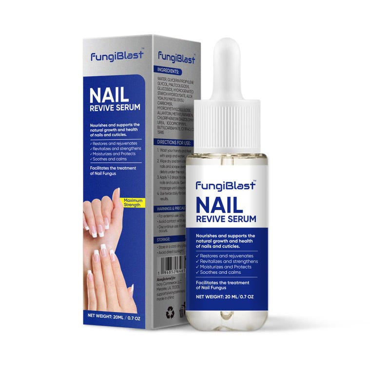 May include: A bottle of FungiBlast Nail Revive Serum with a dropper, next to a blue and white box. The box and bottle feature the product name and details, including "Nourishes and supports the natural growth and health of nails and cuticles."