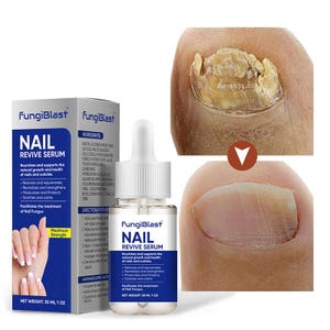May include: A product image shows a bottle of FungiBlast Nail Revive Serum next to images of a toenail before and after treatment. The product box and bottle have blue and white labels. The serum is designed to nourish and support nail health.