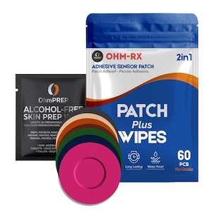 Puede incluir: Imagen de suministros médicos. Una bolsa azul con "OHM-RX ADHESIVE SENSOR PATCH" y "PATCH Plus WIPES", que contiene 60 parches Rx-Grade. También, un paquete negro de "OhmPREP ALCOHOL-FREE SKIN PREP" y una pila de parches sensores de colores.