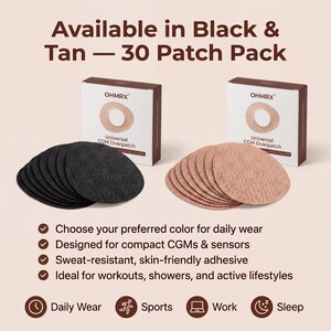 Puede incluir: Dos cajas de parches OHMRX Universal CGM, una negra y otra beige, cada una con 30 parches adhesivos circulares. El texto dice Available in Black & Tan &mdash; 30 Patch Pack, Choose your preferred color, Designed for compact CGMs.