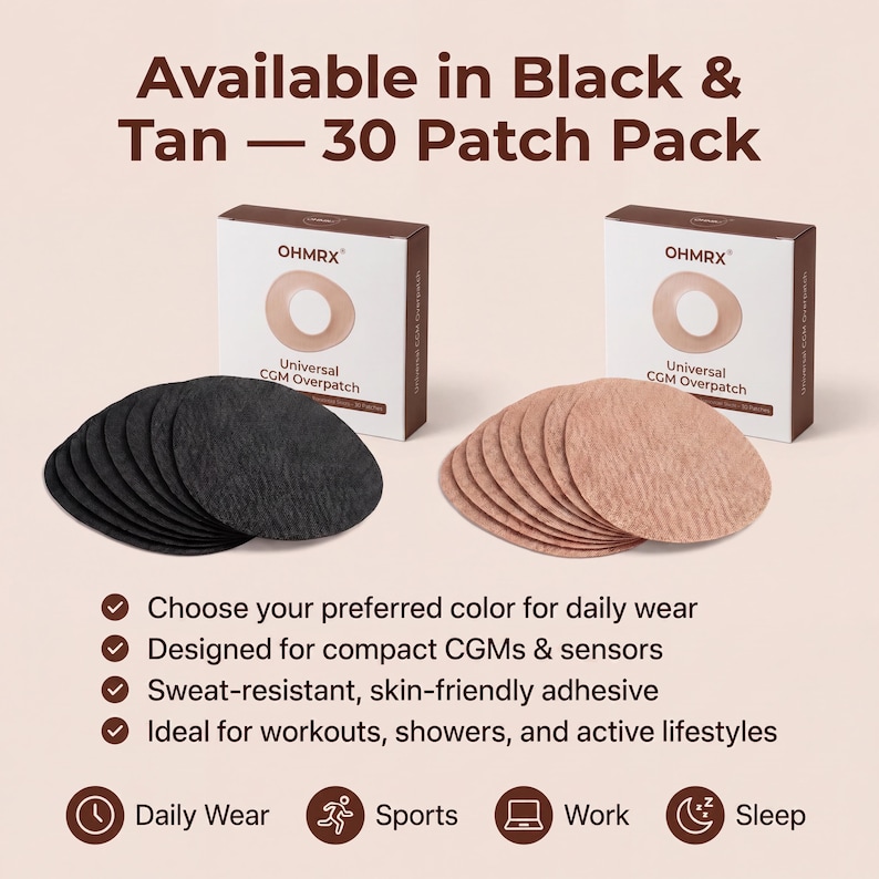 Puede incluir: Dos cajas de parches OHMRX Universal CGM, una negra y otra beige, cada una con 30 parches adhesivos circulares. El texto dice Available in Black & Tan &mdash; 30 Patch Pack, Choose your preferred color, Designed for compact CGMs.