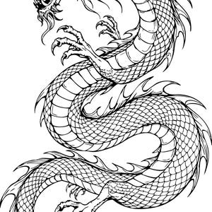 Könnte beinhalten: Detaillierte Schwarz-Weiß-Illustration eines chinesischen Drachen. Der Drache wird mit offenem Maul, scharfen Zähnen und komplizierten Schuppen dargestellt. Sein Körper ist schlangenartig, mit Krallenfüßen und fließender Mähne.