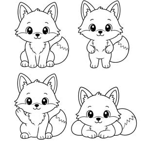 Peut inclure: Un ensemble de quatre illustrations en noir et blanc représentant un personnage de renard. Le renard est représenté dans diverses postures : assis, debout, faisant signe de la patte et allongé. Chaque renard a de grands yeux, des oreilles pointues et une queue touffue.