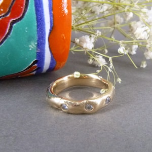 AURORA RING, Golden bronze ring inlayed with sparkling stones around the circumference, Organic Stackable Ring, Stacking Ring