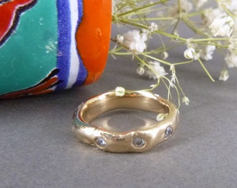 AURORA RING, Golden bronze ring inlayed with sparkling stones around the circumference, Organic Stackable Ring, Stacking Ring