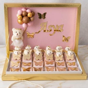 Personalized Baby Chocolate Box with 12 Tiny Teddy Bears: 24pcs Custom Butterfly Name Chocolates for Baby Shower & Newborn Welcome