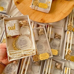 Personalized Islamic Wedding Favor, Mini Quran, Ayatul Kursi Magnet, Pearl Tasbih & Empty Car Diffuser Gift Set
