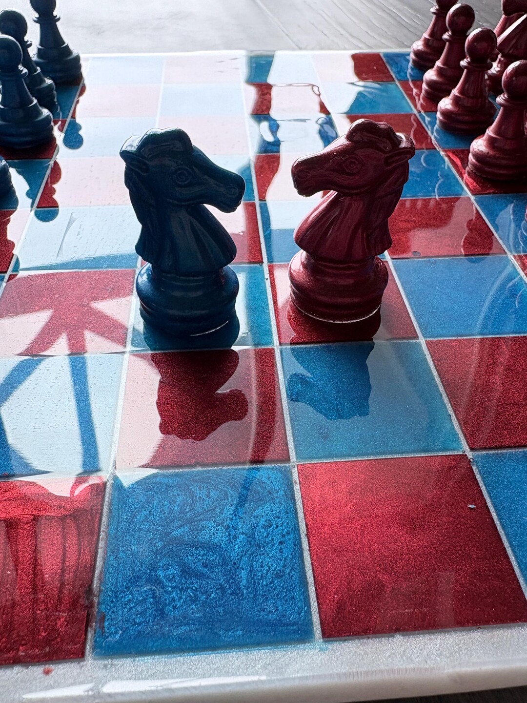 Handmade Resin Chess Set – Ruby Red & Blue Metallic, With Storage Box ...