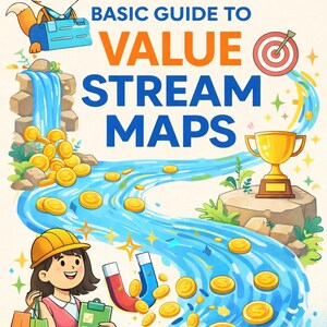 May include: An illustrated guide titled "Basic Guide to Value Stream Maps" with a cartoon fox, waterfall, coins, and a flowing river. The image includes a target, trophy, and a person with a clipboard and shopping bags. The text "Download n Chill" is at the top.