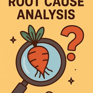 Könnte beinhalten: Ein Basic Guide zur Ursachenanalyse, illustriert mit einer Karotte in einer Lupe, einem Fragezeichen und einer Trophäe auf gelbem Hintergrund. Der Text ist braun. Die Karotte ist orange mit grünen Blättern.