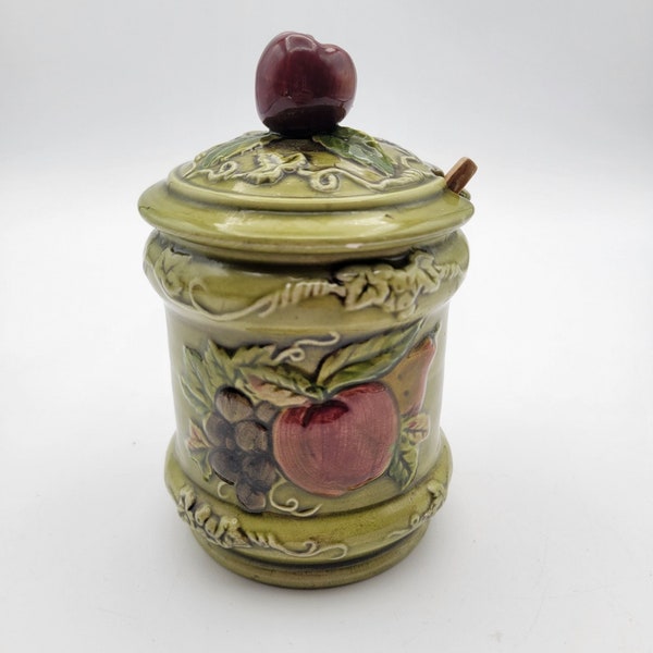 Vintage Lefton Green Apple Jam Sauce Jar Pot w/ Lid & Japan Marked Spoon #3745