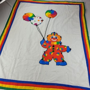 Vintage Handmade Baby Quilt 42" x 50" Rainbow Clown Balloons Colorful SIGNED