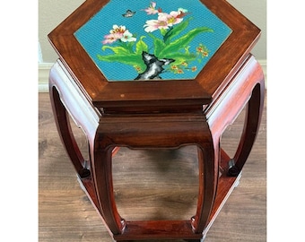 Tavolino vintage con piano esagonale in cloisonné, stile asiatico, porta piante, stile chinoiserie