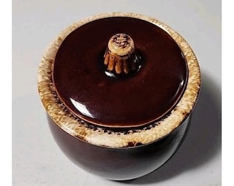 Vintage Hull 2-Tone Brown Glaze 4 x 4 Sugar Bowl W/ Lid Oven Proof USA