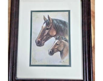 Vintage gerahmtes dekoratives Pferdegemäldedruck Ruane Manning Mutter Kind Colt