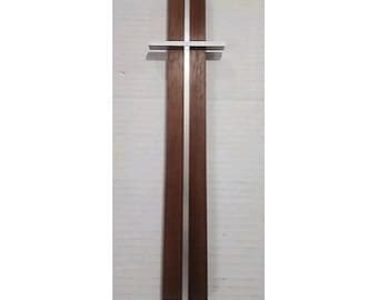 Vintage MCM Silver Tone Metal Cross & Walnut Wood Wall Hanging Minimalist Plaque