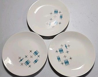 Juego de 3 platos pequeños de postre Mount Clemens MCM de los años 50, color azul atómico y aguamarina, de 15 cm (6 pulgadas).