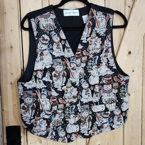 Baxter Wells Snowman Tapestry Vest Womens Medium Black Christmas Holiday Vintage
