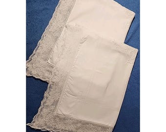2 Lace Trimmed Embroidered Embellished White Cotton Victorian Pillow Shams Large
