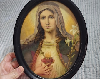 Vintage Immaculate Heart of Mary Oval Framed Print Convex Bubble Glass Religious